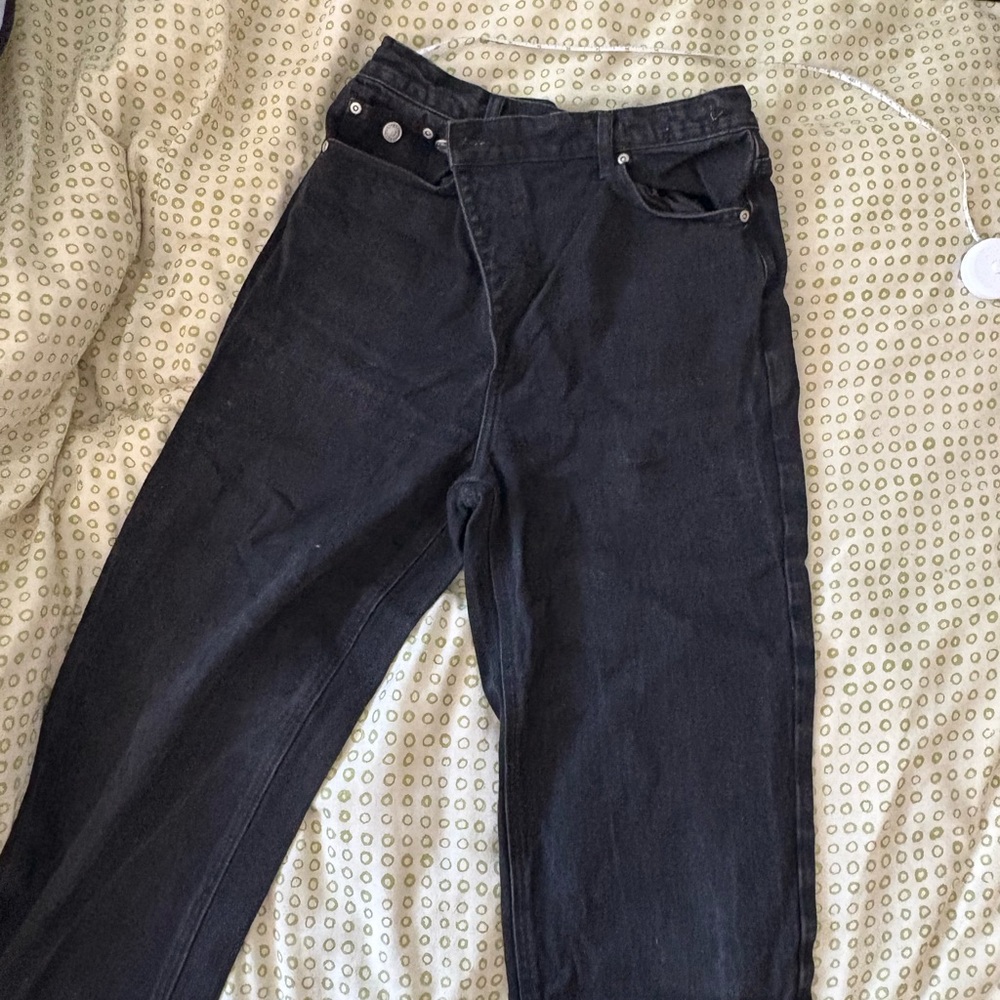 GREY LAB Black Asymmetrical Fold Wide Leg Jeans